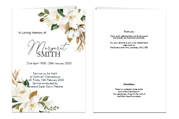 Personalised Funeral Memorial Order of Service. If you do not see a design you are looking for please email us for a bespoke design of your own.